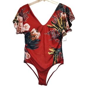 Byinns Women One-Piece Swimsuit Size XXL NWT Red Floral Deep V-Neck Stretch